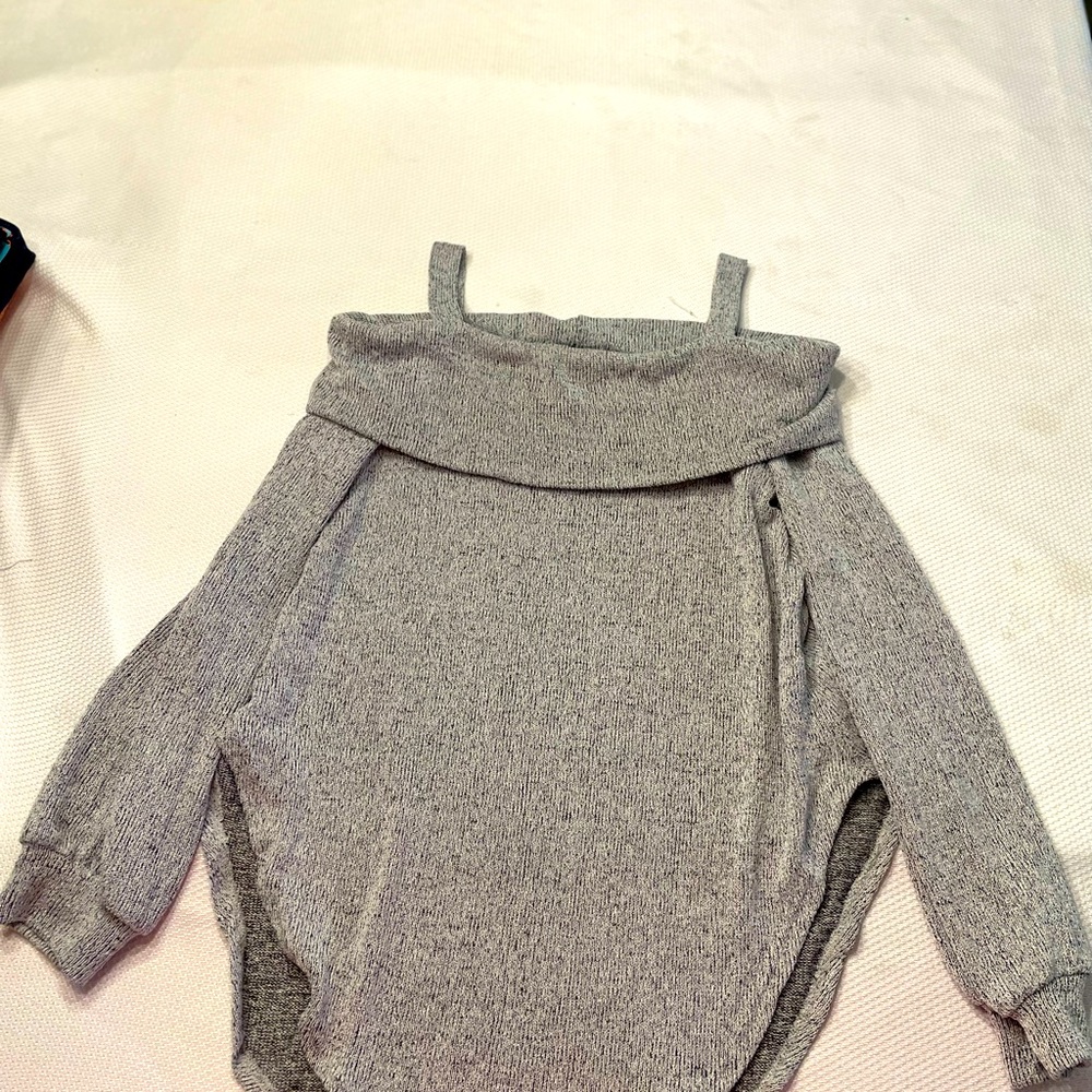 Size small, gray sweater, off the shoulder